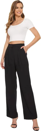 Vista 4 de FUNYYZO Pantalones de cintura alta y pierna ancha para mujer, pantalones largos y rectos
