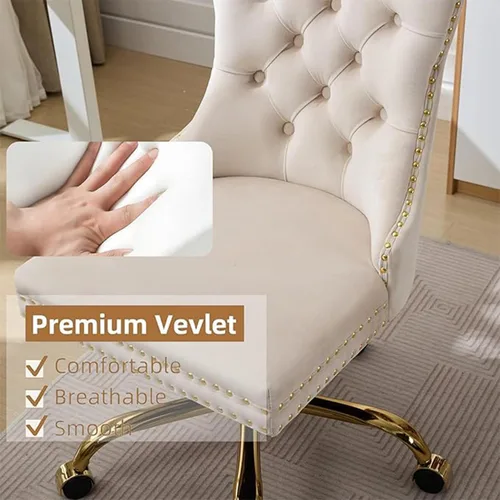 Vista 5 de Bonita silla de tocador beige con ruedas, silla de escritorio de oficina cómoda sin brazos de terciopelo para el hogar, silla giratoria