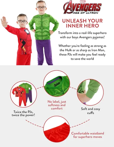 Vista 4 de Marvel Pijamas Conjuntos de pijama para niños de Hulk y Iron Man Pijamas de los Vengadores para niños Paquete de 2 pijamas de manga larga