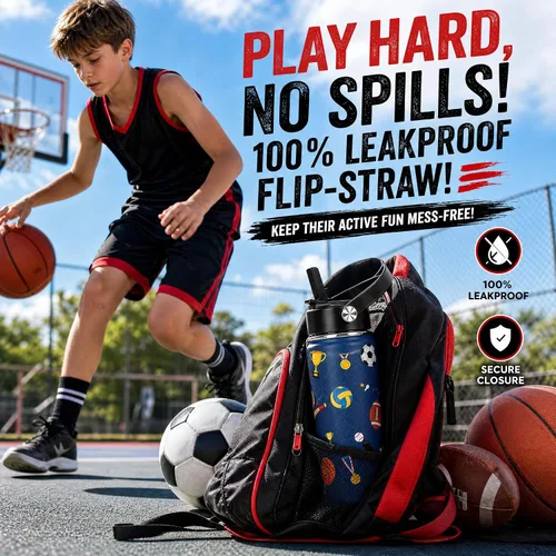 Vista 3 de Botella de agua deportiva de 16 onzas para niños, botella aislada de acero Sports Balls