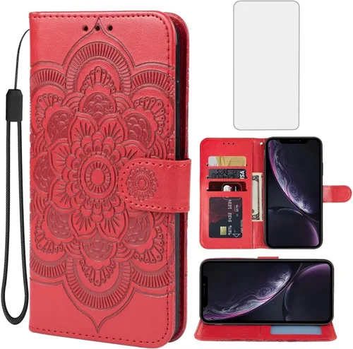 Vista 8 de Funda para iPhone XR, para Apple XR con protector de pantalla de vidrio templado, diseño de mandala en relieve, soporte para tarjeta de crédito
