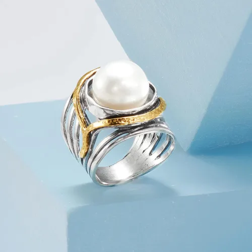 Vista 5 de Ross-Simons Pearl or Gemstone Openwork Ring in Silver and 14kt Yellow Gold