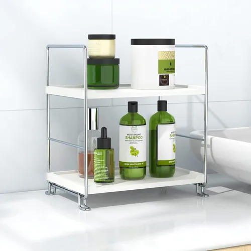 Vista 9 de Estante organizador de especias de 2 niveles para baño, estante de almacenamiento de encimera, estante de almacenamiento de cosméticos de pie negro