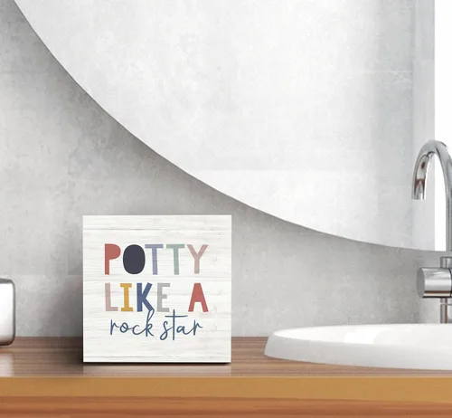 Vista 6 de SRADMO Letrero de madera con texto en inglés "Potty Like a Rock Star, decoración de escritorio, divertida caja de bloques de madera para baño