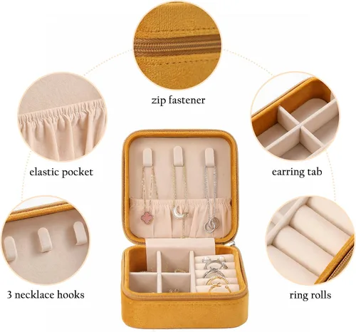 Vista 2 de GUKA Joyero de viaje de terciopelo de felpa, estuche de viaje para joyas, pequeñas cajas organizadoras portátiles para anillos, aretes, collares