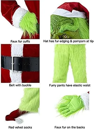 Vista 6 de Itopfox Disfraz de monstruo verde de Navidad, traje de Santa para hombres adultos para Navidad con máscara