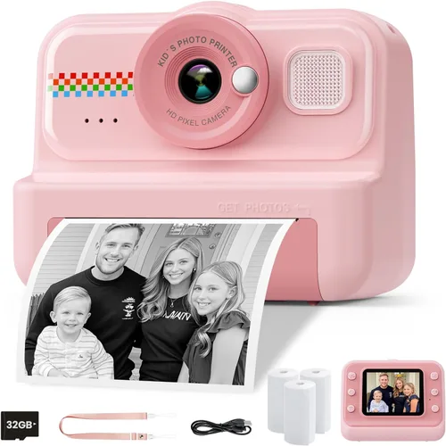 Vista 9 de Cámara de Impresión Instantánea HiMont para Niños, Cámara Digital HD 1080P para Niños con 3 Rollos de Papel de Impresión y Tarjeta de 32GB, Juguetes