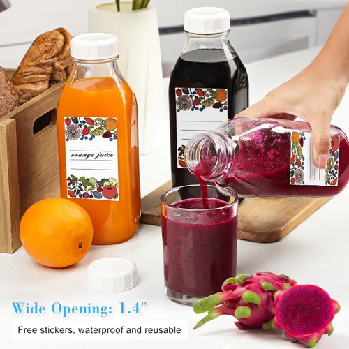 Vista 5 de Syntic Botellas de leche de vidrio cuadrado de un litro con tapa hermética, tapa de rosca resistente 100% a prueba de fugas, botellas de jugo