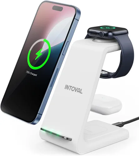 Vista 9 de Intoval Estación de carga inalámbrica 3 en 1 para iPhone y Apple Watch, soporte de cargador inalámbrico rápido, base de carga de escritorio compacta