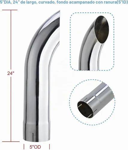 Vista 2 de Tubo de escape cromado de 5" de diámetro, 24" de longitud curvado, parte inferior acampanada con ranura