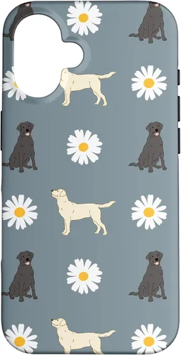Vista 32 de Labrador Retriever y Daisy Flower Pattern - Carcasa para iPhone 17, color azul polvoriento