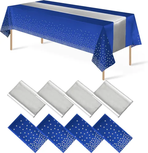 Vista 24 de 8 paquetes de manteles de plástico desechables y juego de camino de mesa de satén negro con dorado, mantel de satén dorado para graduación, boda