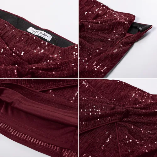 Vista 7 de Kate Kasin Minifalda de lentejuelas para mujer, cintura alta, nudo frontal, brillante, brillante, para fiestas nocturnas