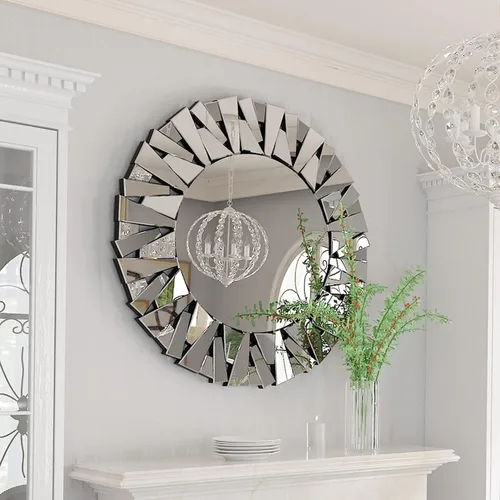 Vista 3 de Espejo Decorativo Redondo Plateado: 31.5 in Pared Vanity-Mirror Biselado Elegante espejo de cristal circular para baño con elegantes bordes