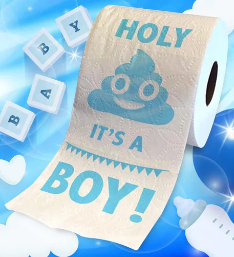 Vista 2 de Printed TP Holy It's a Boy! Regalo de papel higiénico impreso para revelación de género, divertido rollo para niños, regalos de fiesta de baby