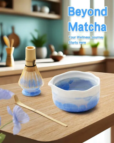Vista 7 de Juego de Matcha de Cristal Natural con Flores - 4 Piezas Kit de Matcha de Grado Alimentario con Tazón con Pico, Batidor de Matcha, Cucharón