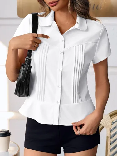 Vista 3 de Cicy Bell Camisas de manga corta con botones para mujer, plisadas, ajustadas, blusas casuales de verano, Blanco