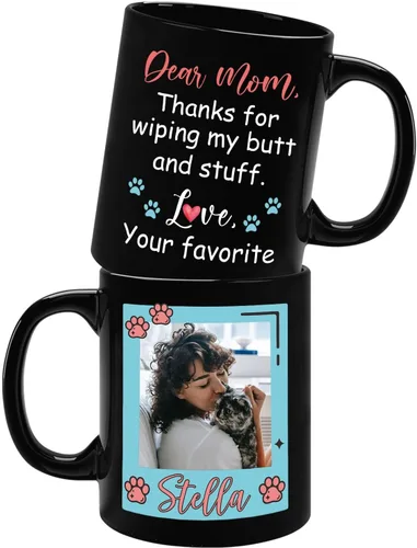 Vista 15 de Taza de cerámica negra personalizada para elegir nombre y foto con texto en inglés "Best Cat Dad Ever Just Ask", taza de café personalizada de 11