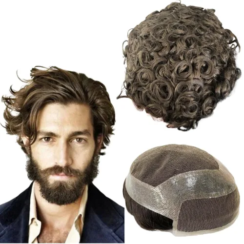 Vista 8 de Toupee - Pelucas de cabello humano para hombre, tupé europeo virgen, unidades de cabello humano ondulado, peluca para hombre, sistema de reemplazo