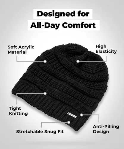 Vista 4 de Womens Soft Warm Stretchy Trendy Chunky Knit Beanie - Stylish Cable Knit Beanie Skully for Fall Winter Weather