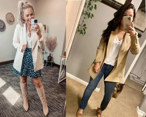 Vista 6 de Saodimallsu Chaqueta casual para mujer, con frente abierto, manga larga, solapa, trabajo, oficina, negocios, abrigo con bolsillos