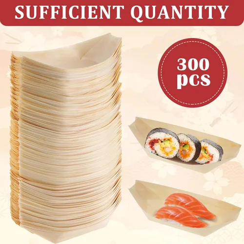Vista 3 de Sliner 300 platos desechables de madera para barcos, platos de comida, barcos de madera, platos de sushi desechables a granel para catering y uso