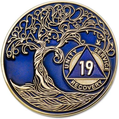 Vista 239 de 1 año Sobriety Mint Twisted Tree of Life Medallón de recuperación AA chapado en oro, chip/ficha - negro