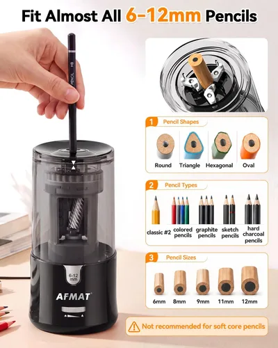 Vista 2 de AFMAT PS92 Sacapuntas eléctrico para aula, sacapuntas enchufable para lápices grandes y jumbo, colores y n.º 2, parada automática, 2 ajustes de Negro
