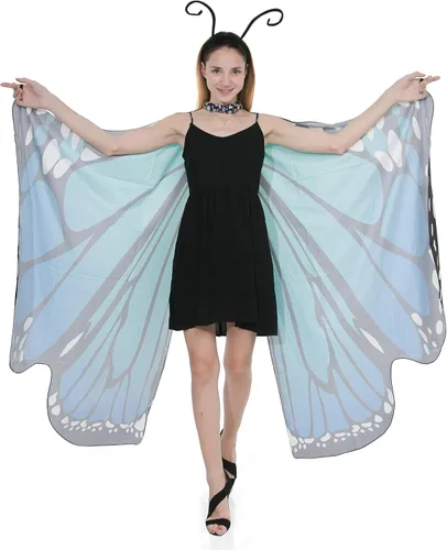 Vista 2 de Spooktacular Creations Butterfly Wing Cape Shawl with Lace Mask and Black Velvet Antenna Headband Adult Women Halloween Costume Accessory