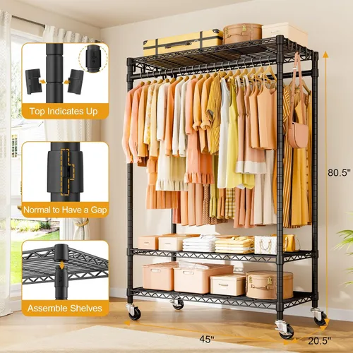 Vista 6 de ULIFHOME P7 - Perchero enrollable para ropa, estantes para colgar ropa, estante resistente para prendas con ruedas, estante de clóset portátil de 3