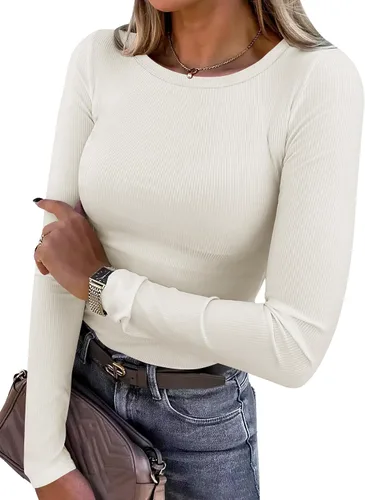 Vista 42 de ANRABESS - Camisetas de manga larga para mujer, de punto acanalado, ajustadas, básicas, 2025, informales, para usar a capas o debajo del uniforme