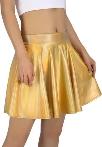 Vista 8 de HDE Falda acampanada plisada para mujer, estilo casual, metálica, acampanada, para patinadora Negro