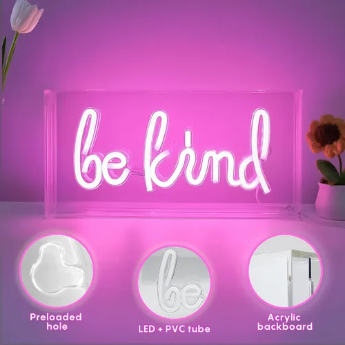 Vista 2 de Señal de Neón "Be Kind", Caja de Luz de Escritorio "Be Kind" de USB LED con Interruptor de ENCENDIDO/APAGADO, Letrero de Neón 3D Iluminado