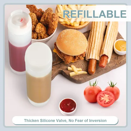 Vista 3 de Sabary 12 botellas exprimibles de condimentos de 16 onzas, botella de plástico invertido para salsas, válvula grande recargable, dispensador sin