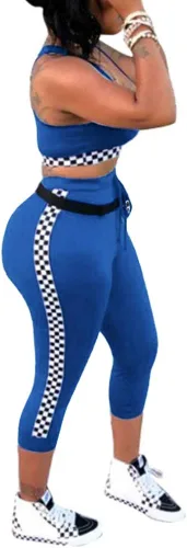 Vista 2 de SCORP Conjunto de 2 piezas para mujer con cuello redondo y pantalones ajustados con cordón, Azul Patchwork, M