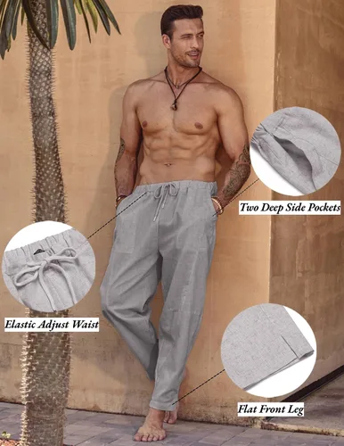 Vista 5 de COOFANDY Pantalones harén de lino con cordón para hombre, cintura elástica, ligeros, pantalones hippie, verano, playa, yoga