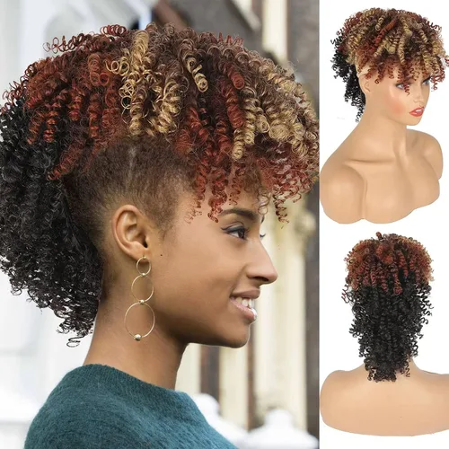 Vista 20 de Aisaide Cola de caballo afro Mohawk alta con flequillo sin cordón, extensión de cola de caballo corta rizada sin cordón, clip sintético en moño
