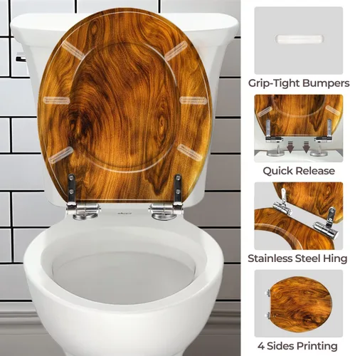 Vista 6 de Round Resin Toilet Seat, Quietly Close Quick Release Hinges Cover pattern9