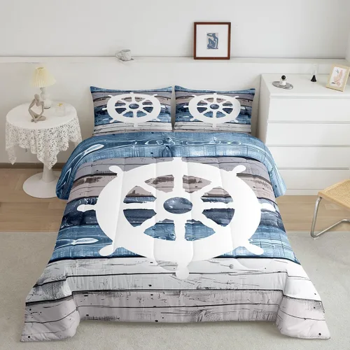 Vista 26 de Juego de edredón de brújula azul marino, tamaño individual, 2 piezas, diseño náutico de vela, estilo simple, para niños, adolescentes, adultos