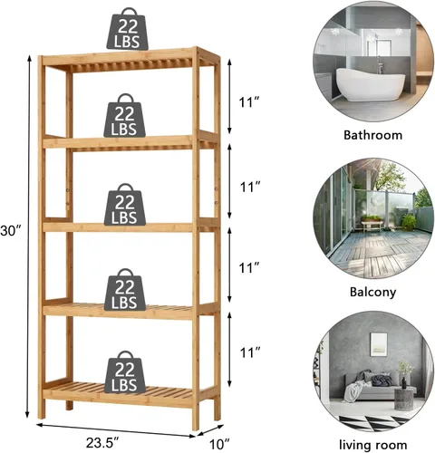 Vista 4 de Kinsuite Estante de almacenamiento de bambú de 5 niveles multifuncional de bambú para baño, cocina, sala de estar