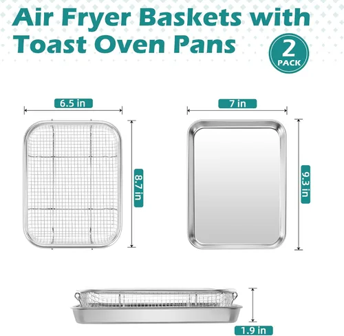 Vista 2 de TeamFar Paquete de 2 cestas para freidora de aire para horno, 9.3 x 7 x 1.9 pulgadas Stainless Steel, with Grease-Catching Tray, Less Oil &