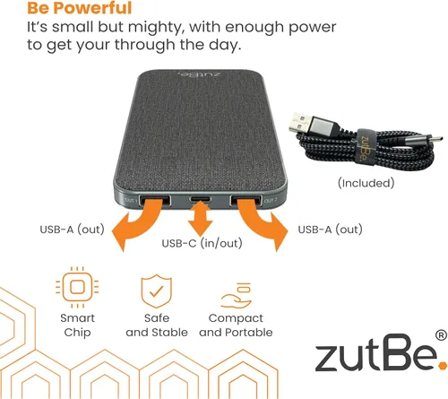 Vista 5 de zutBe PowerTrip 10000mAh Portable Charger with 1 USB-C 2 USB-A Ports and 18W of Power Delivery PD Charge Any iPhone 17 16 15 14/13/12/ Samsung