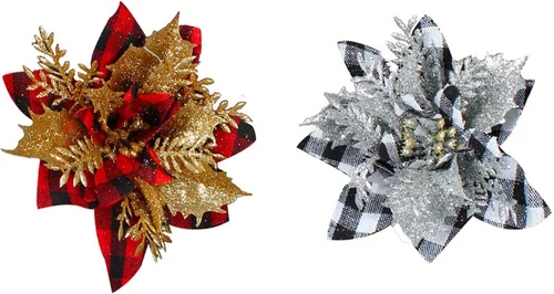 Vista 9 de 24 flores de Pascua de Navidad de 4.7 pulgadas con purpurina roja búfalo a cuadros de flores de nochebuena para adornos de árbol de Navidad