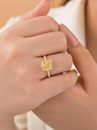Vista 16 de Anillo de compromiso de corte cojín de 4 quilates para mujer, piedra blanca/amarilla grado 5A, circonita cúbica S925, plata, amarillo/blanco/oro rosa