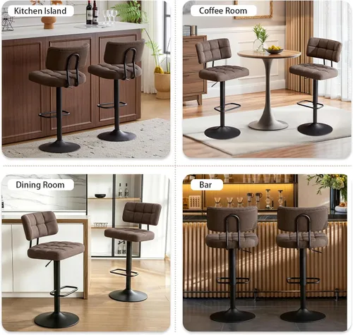 Vista 6 de Juego de 2 taburetes de bar giratorios de altura ajustable, taburetes de barra de tela de lino sin brazos con reposapiés para cocina, hogar, bar