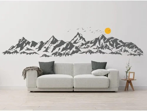 Vista 2 de NOBRIM Adhesivo de pared de montañas grandes con calcomanías de pájaros de sol, mural de pared para dormitorio, decoración de pared de dormitorio