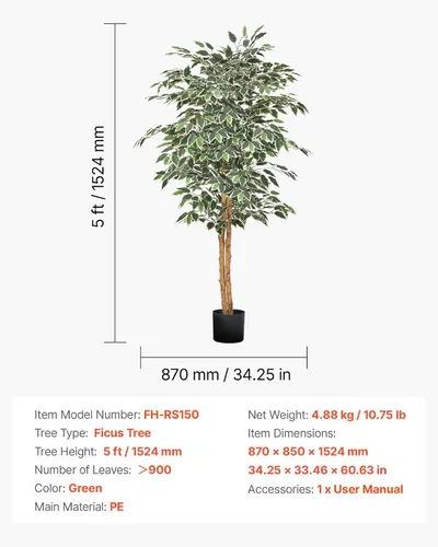 Vista 7 de VEVOR Árbol de ficus artificial de 5 pies con maceta negra, planta alta de ficus sintético con tronco de madera natural y hojas verdes realistas