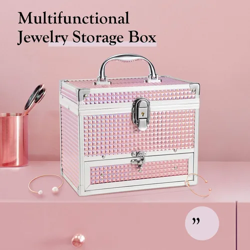 Vista 7 de Hododou Caja de maquillaje de joyería para mujer con espejo y bandeja con cerradura para cosméticos estuche de almacenamiento portátil