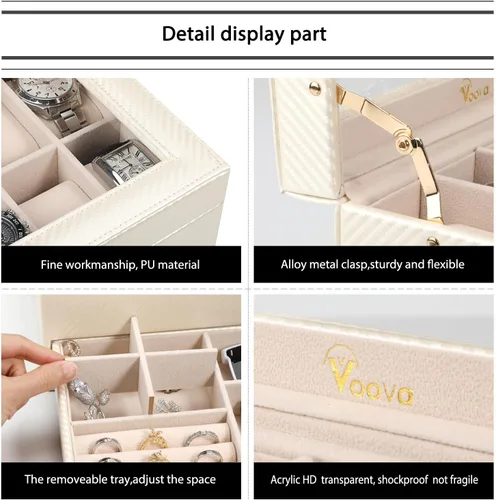 Vista 5 de Voova - Organizador de cajas de joyería para relojes para hombres y mujeres, 2 capas grandes con 12 ranuras, estuche de almacenamiento de relojes