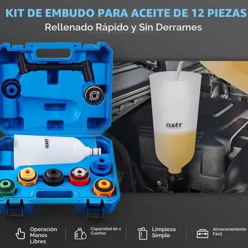 Vista 2 de OMT - Juego de embudo de aceite para motor, kit de llenado sin derrames de 2 cuartos de galón, 8 adaptadores